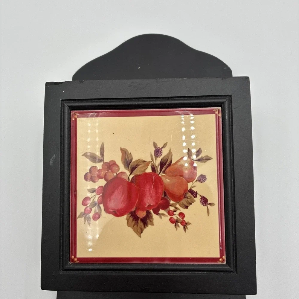 Vintage Wooden Wall Mail Organizer Letter Holder Black with Fruit Ceramic Tiles